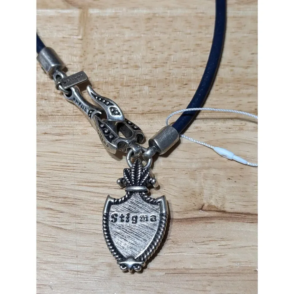 Stigma Mens Navy Blue Cord Necklace Silver Tone Fleur-de-Lis Shield Pendant NWT